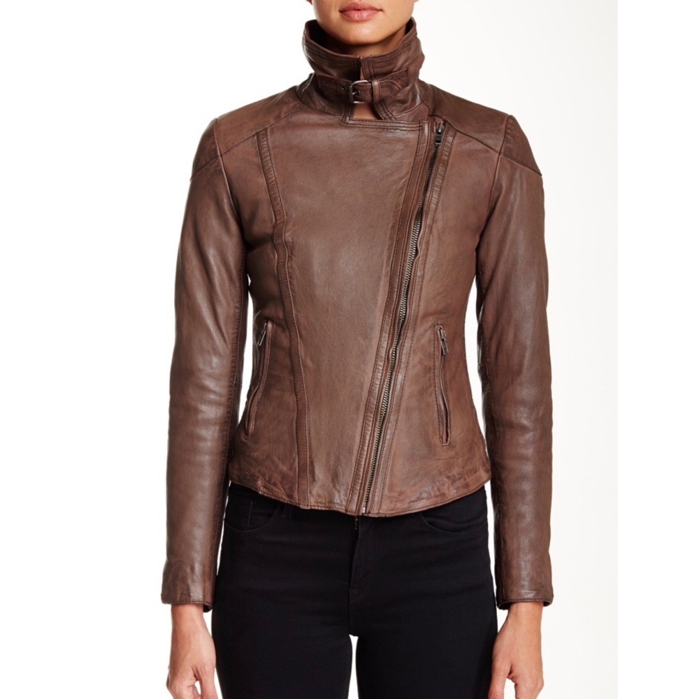 NWT $595 Muubaa Leather Patara Brown Moto Jacket 4